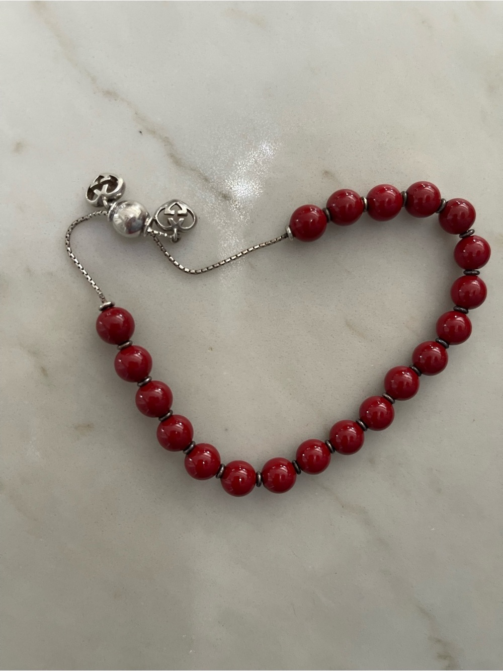 Gucci Red Beaded Bracelet with Silver-Tone Logo Slider
